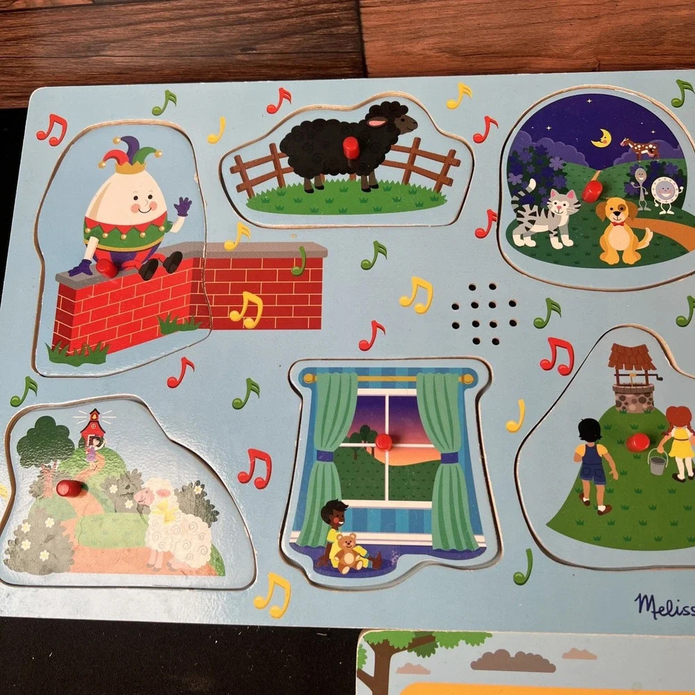 3- Melissa & Doug Musical Wooden Sound Puzzles Nursery Rhymes Farm Animals Bus
